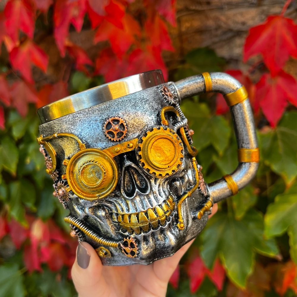 3D Skull Steampunk Mug Stainless Steel Insert Gothic Coffee Beer Mug Silver Gold